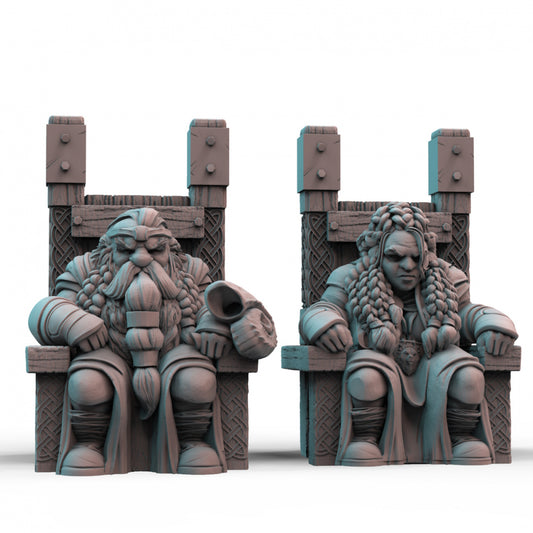 Dwarf King and Queen on Wooden Thrones Royal Miniature 3D Printed Tabletop Model